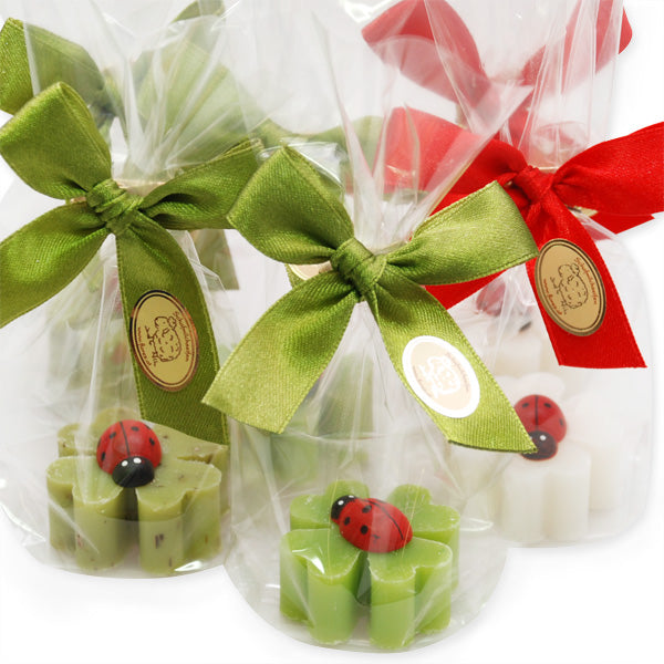 Sheep's milk soap clover leaf mini 14g decorated with ladybugs in cello, classic/verbena/pear