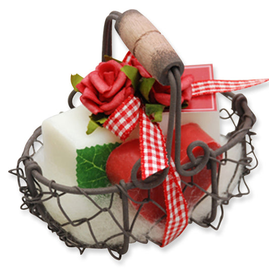Wire basket filled with sheep's milk soap square 100g and soap heart 23g, decorated with rose, classic/pomegranate