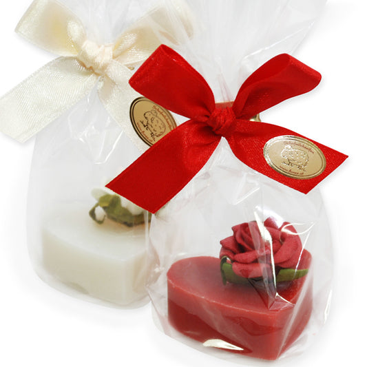 Sheep's milk soap heart medium 23g, decorated with rose in cello, classic/pomegranate